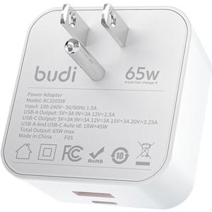 BUDI Flat USB C Wall Charger, 65W 2-Port Slim USB Wall Charger, Fast Charging Block with 45W Type-C Power Delivery and 20W Type-A for Computer/iPhone 17/16/15/14/13/12/11/Pro Max/XS/XR/8/7,Tablets