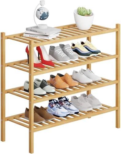 4 Tier Bamboo Shoe Rack Storage Organizer for Closet, Multifunctional Stackable Free Standing Shoe Shelf Organizer for Small Space,Entryway,Hallway,Bathroom 27"x11"x26"(Natural, 4 Tier)