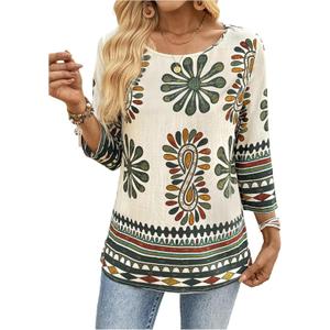 OYOANGLE Women's Crew Neck 3/4 Sleeve Top Boho Floral Casual Dressy Fashion Work Blouse (X-Large, Multicolor)