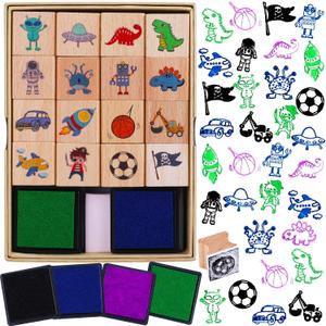 HOWAF 16pcs Wooden Stamps for Kids Boy Crafts with Ink Pad 4pcs, Dinosaur Football Outer Space Pirate Car Stamps for DIY Scrapbook Card Making, Party Bag Fillers Favor for Boys Christmas Birthday Gift