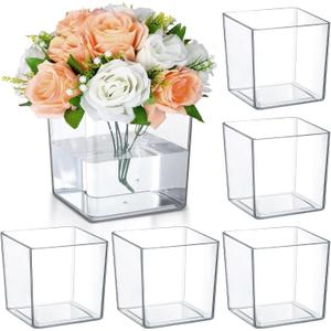Tioncy 6 Pieces 6 x 6 Acrylic Square Vases for Centerpieces Clear Plastic Vase Cube Flower Vase Bulk for Wedding Centerpieces Home Office Floral Plant Succulent Pots Planters