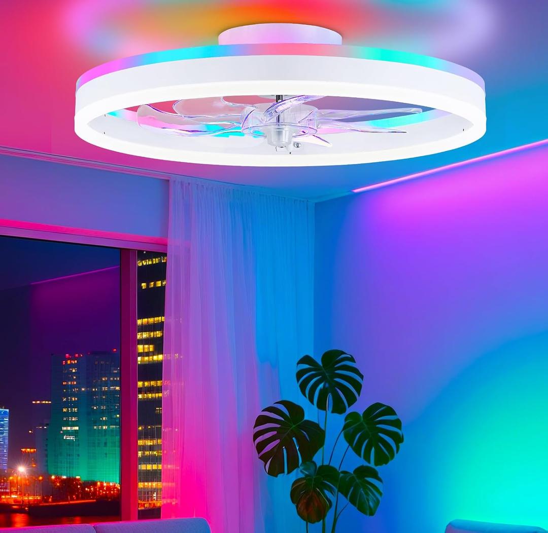 STERREN RGB Ceiling Fans with Lights, 20'' Smart LED Ceiling Fan with Remote/APP Control, Modern Low Profile Bladeless Chandelier Fan, Dimmable White Fandelier for Bedroom, Living Room, Kitchen, 19.7 Inch
