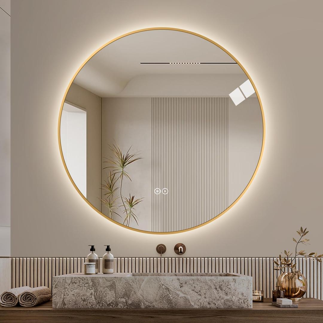 LAIYA 36 Inch Round LED Bathroom Mirror with Lights, Gold Aluminum Frame, Anti-Fog Dimmable Backlit Vanity Mirror, 3 Color Temperature, Memory Function, Wall Mounted Lighted Bathroom Mirror