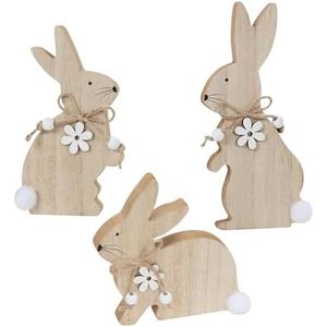 WellSign Easter Bunny Table Wooden Sign Decorations for Home, 3 Pieces Farmhouse Rabbit with Pompom Ball for Tabletop tiered tray Shelf Mantel Party Outdoor Indoor Decor