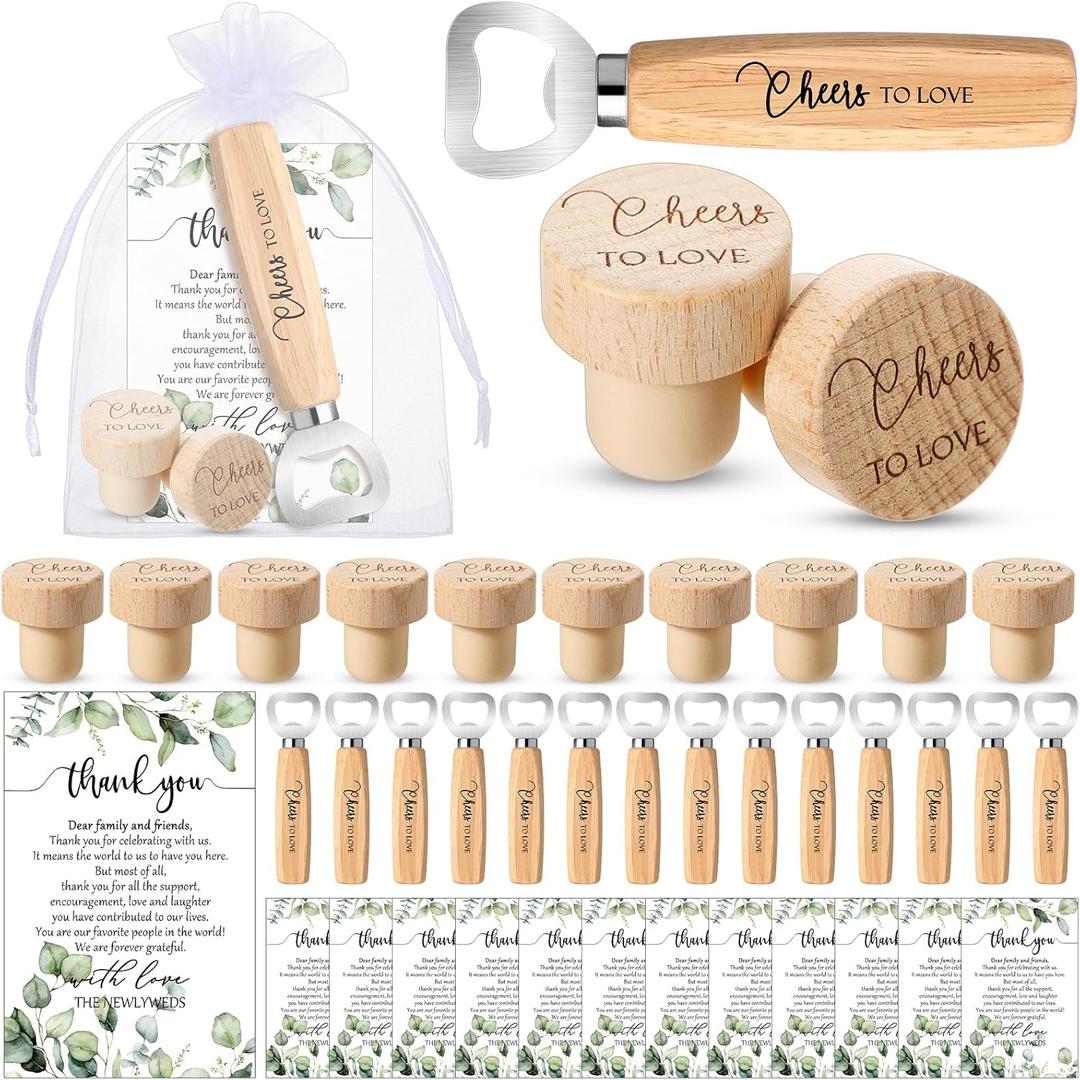 Barydat 72 Sets Wedding Favors for Guests Bulk Engraved Wood Corks Beer Bottle Openers with Wedding Thank You Cards Organza Bags Cheers to Love Appreciation Gifts Bridal Shower Souvenirs