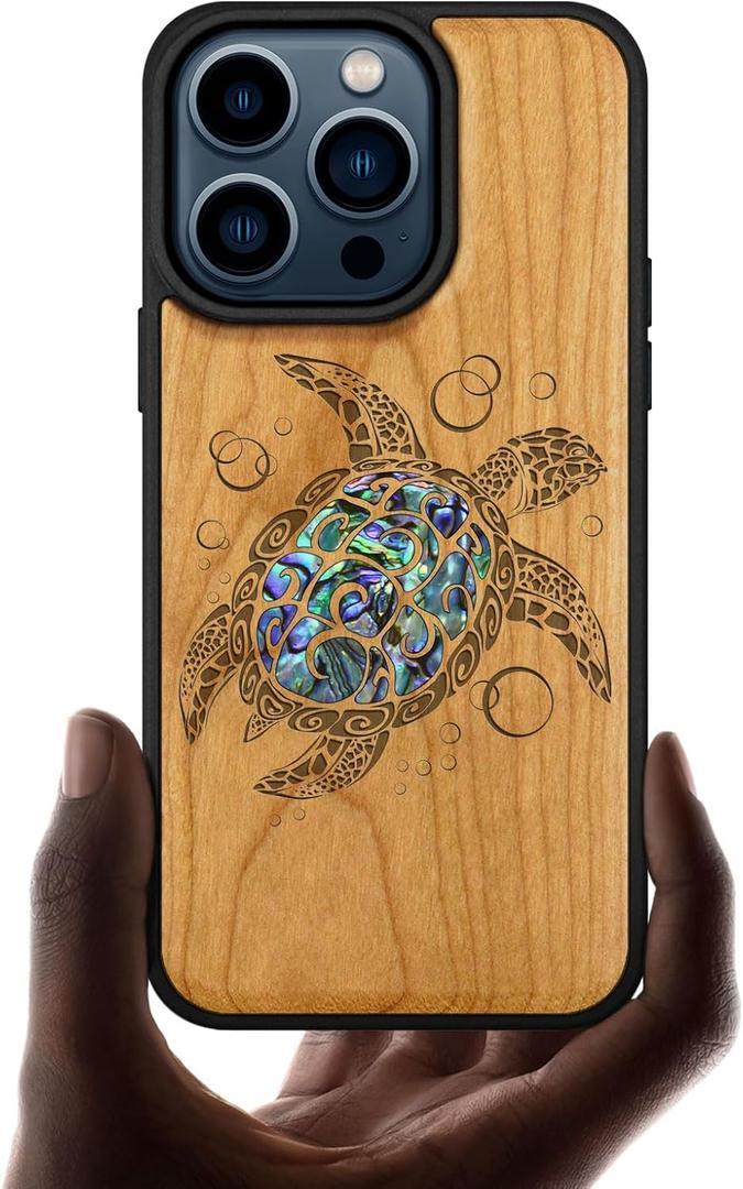 Carveit Wooden Case for iPhone 15 Pro Magnetic Case, Compatible with MagSafe Wireless Chargers, Shockproof Cover, Handmade Shell Inlaid & Wood Artisan Engraved (Sea Turtle) Cherry