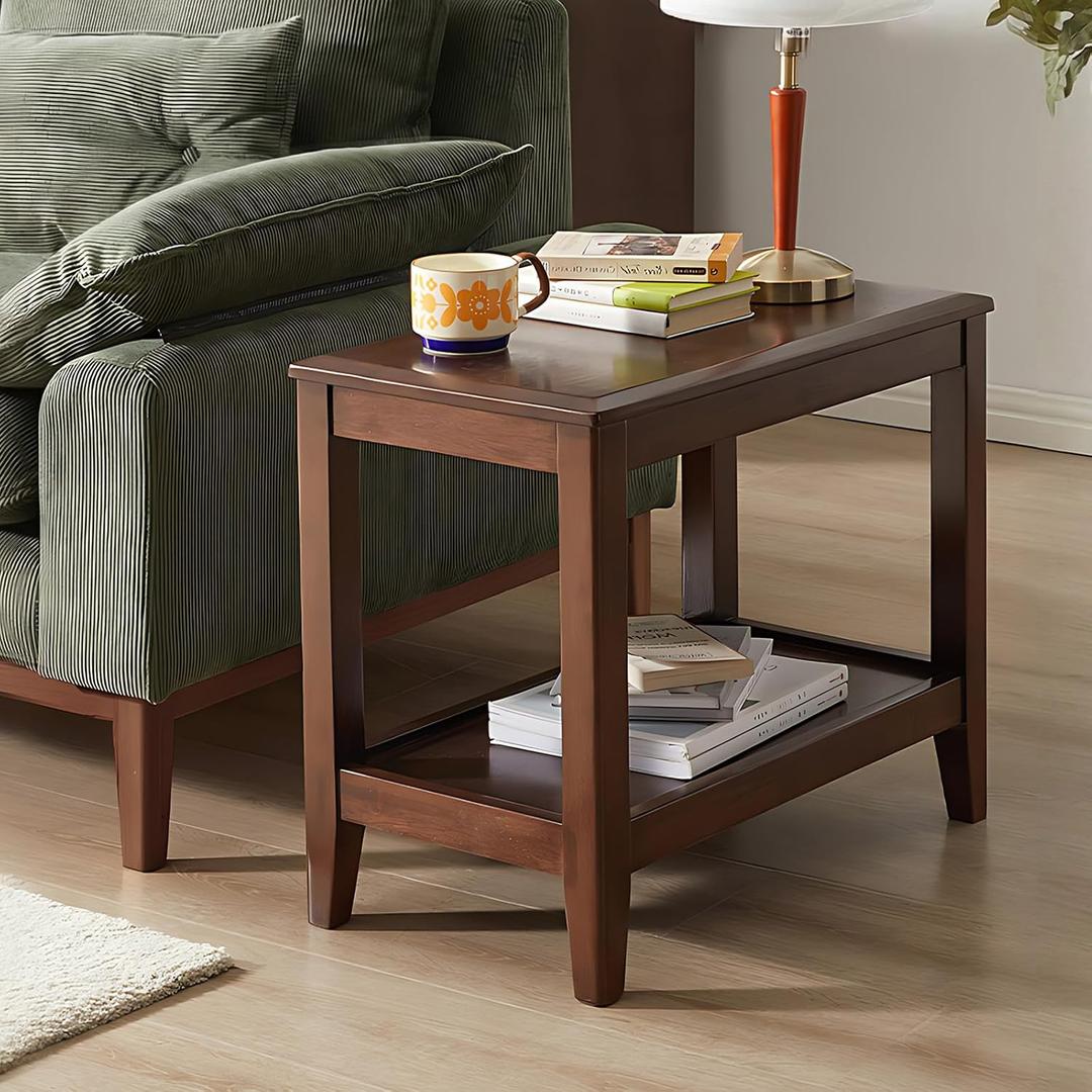 Side Table, Solid Wood Rectangular End Table with Storage Shelf, 2-Tier Coffee Table for Living Room, Rubber Wood Small Sofa Table, Nightstand 19.69 H x 13.39 W x 23.62 D Inches (Walnut)