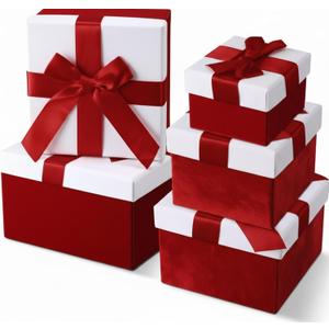 Tenceur 5 Pcs Christmas Gift Boxes Red Assorted Gift Square Boxes with Lids Velvet Gifts Box Birthday Gifts Box with Ribbon for Festival Christmas Birthday Weddings(Red)