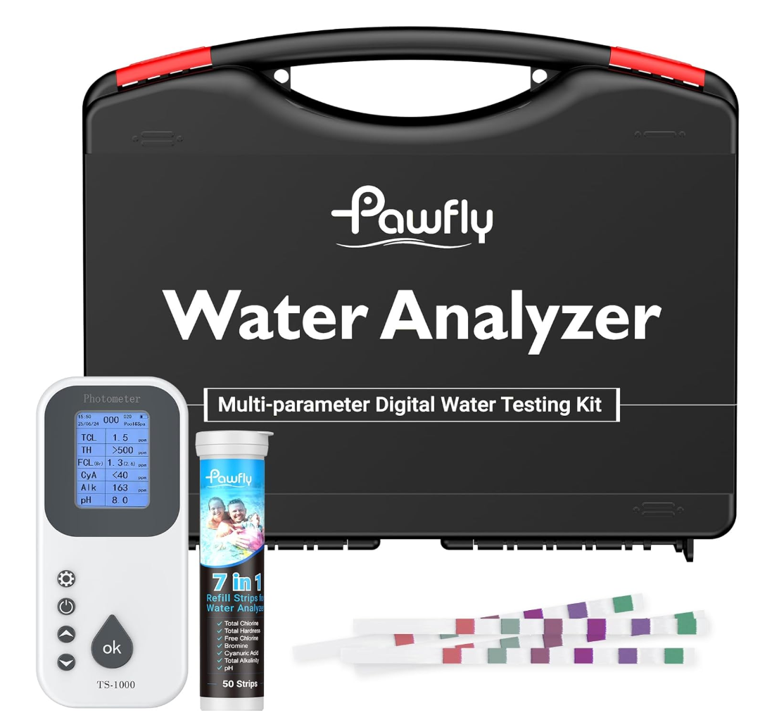 Pawfly 7 in 1 Digital Water Testing Kit, 50 Strips Hot Tub Test Kit, Digital Pool Water Tester for pH, Total Hardness, Total Chlorine, Free Chlorine, Total Alkalinity, Cyanuric Acid & Bromine