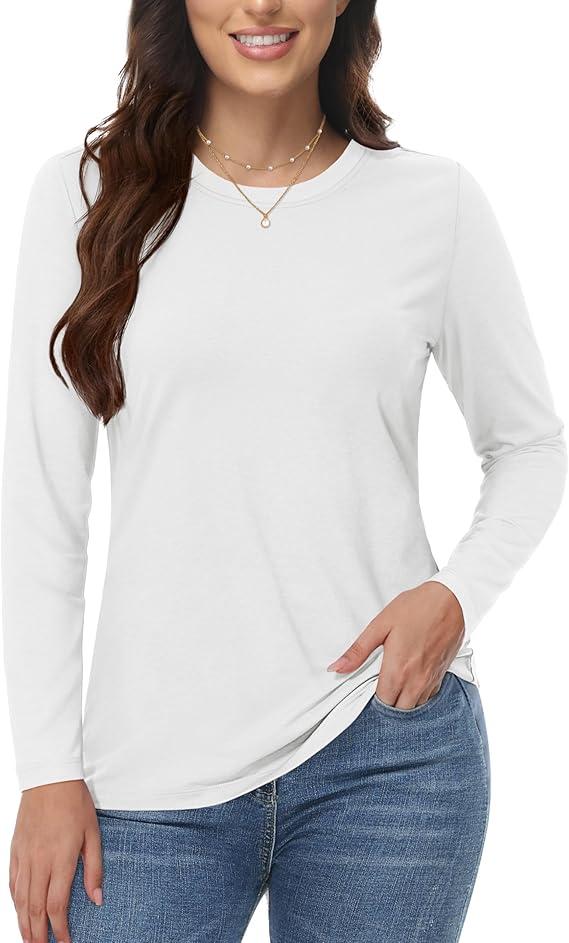 Women's Cotton Long Sleeve Shirts Crew Neck T-Shirts Soft Casual Breathable Tees Basic Tops L