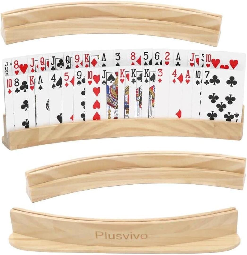 Set of 4 Curved Playing Cards Holders for Seniors Adults - Soild Wood Cards Holders for Playing Cards 13 x 1.9 x 2.4 Inch for Bridge Canasta Strategy Foot and Hand