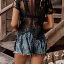 SweatyRocks Women's Sheer Lace Tops Short Sleeve Fringe See Through Blouse Crewneck Sexy Western Top (Black, M)