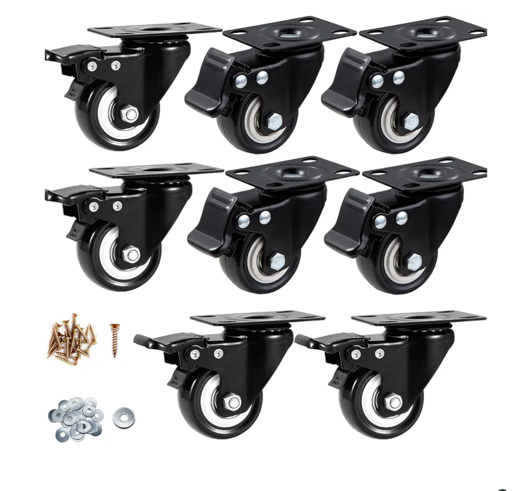 Casters, 2" Caster Wheels，Casters Set of 8 Heavy Duty - ASRINIEY Black Polyurethane Castors, Top Plate Swivel Wheels, 8-Pack Industrial Casters with Brake, Locking Casters for Furniture and Workbench