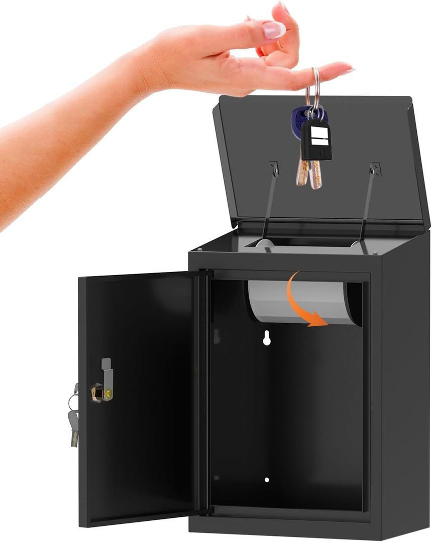 Key Drop Box for Automotive, Key Return Box Wall Mount, Anti-Thief & Waterproof Design for Outdoor, Heavy-Duty Secure Storage Box for Hotel,Car Rental, Large Capacity 6x10x14 Inch (Black (Basic))