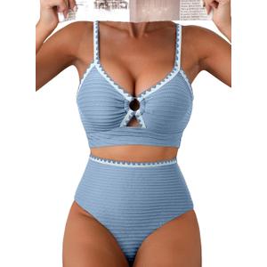 Herseas Women's Textured Bikini Sets O Ring Swimsuits Whip Stitch High Waisted Bathing Suits 2026 Summer Beach Wear (Blue, S)