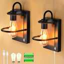 HOXIYA DIMMABLE Battery Operated Wall Sconce Set of 2, Industrial Wireless Wall Lighting Fixture, Faux-Wood Black Rechargeable Wall Lamp, Battery Powered Wall Decor for Bedroom Hallway, Bulb Included