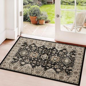 Washable Runner Rug 2x3 Entryway Rug Door Mat Non Slip Runner Rugs with Rubber Backing Soft Kitchen Farmhouse Distressed Carpet for Living Room Bedroom Bathroom (Black)