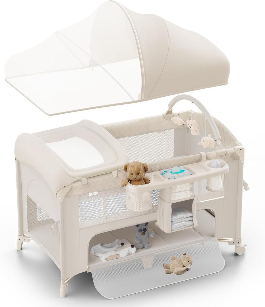 4 in 1 Baby Bassinet, Pack and Play, Bedside Crib Sleeper, Diaper Changer - Comes with Mattress, Mosquito Net, Bottom Storage and Toy Bar for Newborn to Toddles (Beige)