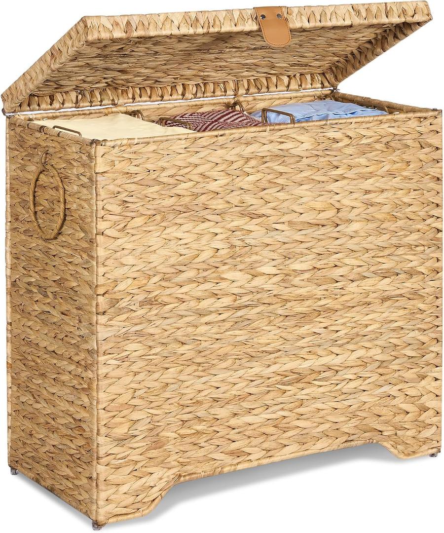 130L Wicker Laundry Hamper, 3-Section Laundry Basket with Lid