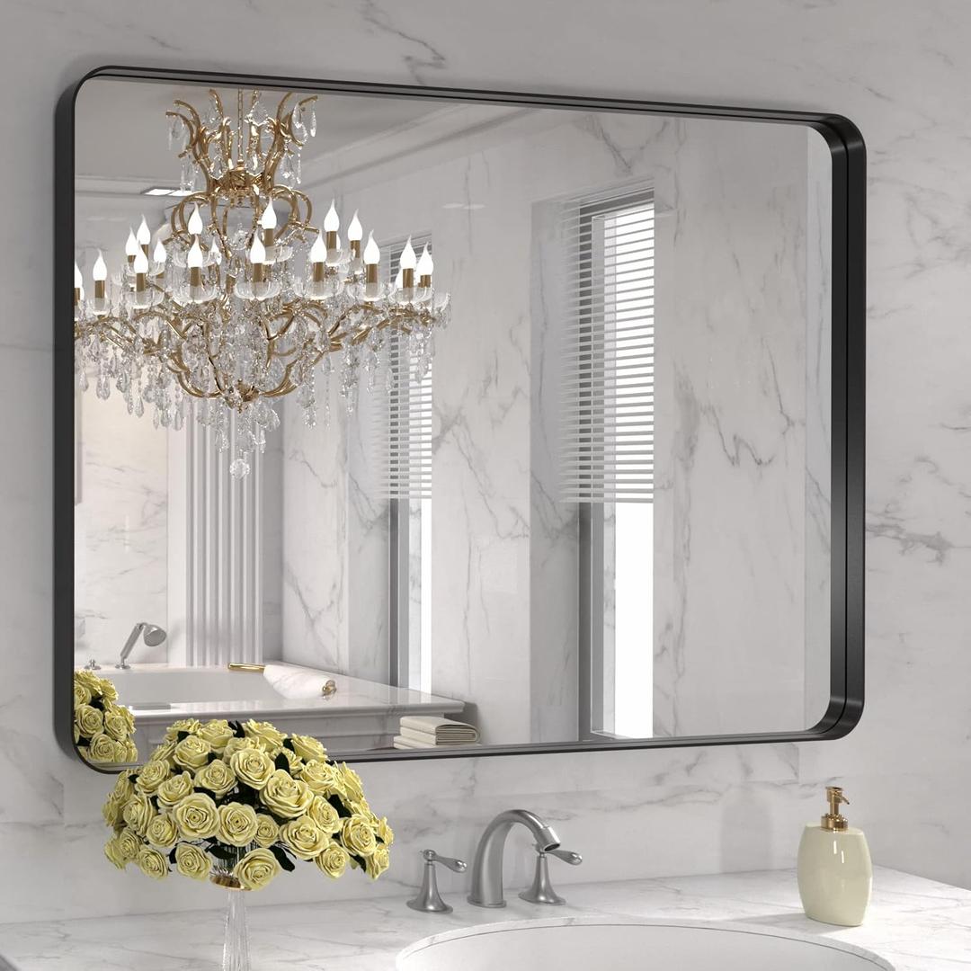LOAAO 40X32 Inch Black Metal Framed Bathroom Mirror for Wall, Matte Black Bathroom Vanity Mirror Farmhouse, Large Rounded Rectangle Mirror, Anti-Rust, Tempered Glass, Hangs Horizontally or Vertically