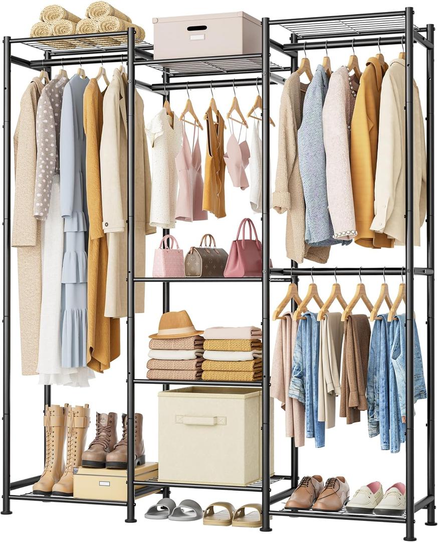 HOMIDEC Wardrobe Closet, 4 Hanging Spaces Portable Clothes Rack,Free Standing Closet Organizer and Storage System with Hanging Rods,Clothing Rack Suitable for Cloakroom,Bedroom,Entrances,etc.Black (Large)