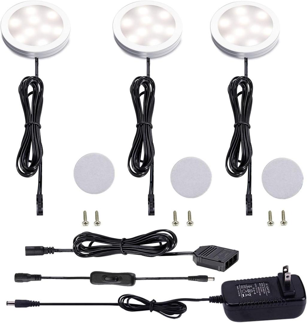 AIBOO 12V LED Under Cabinet Lighting Kit 3 Packs Slim Aluminum Puck Lights with 2-Way Switch All Accessories Included for Counter Closet Lighting 6W (Natural White)
