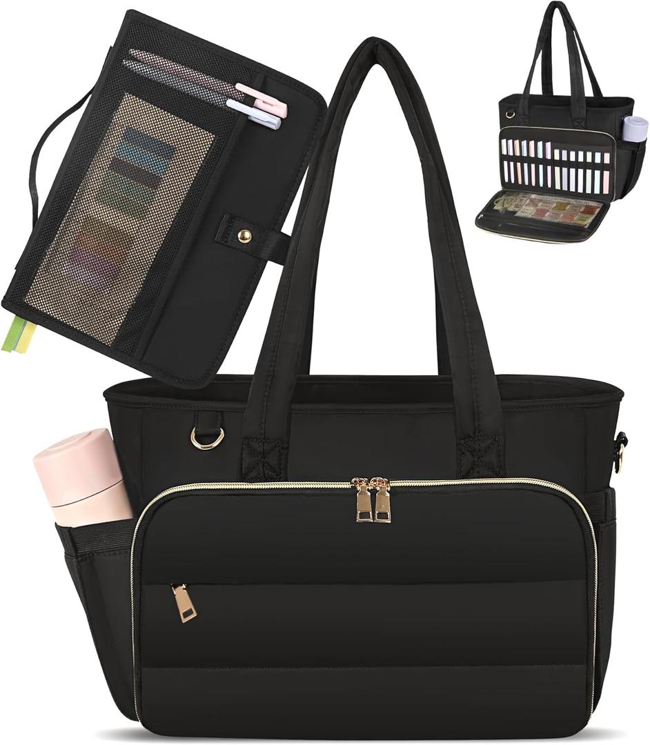 Puffer Tote Bag for Women, Large Quilted Handbag with Laptop Compartments, Work, College, Church & Bible Bag (Black)