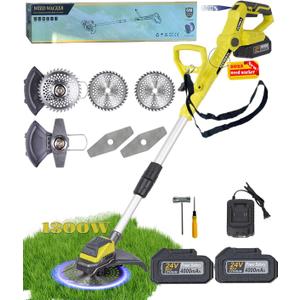 Electric Weed Wacker Cordless Eater Battery Powered Brushless Brush Cutter with 2X4.0Ah Batteries and Charger 24V Powerful Weed Trimmer 2 Types Metal Blades for Lawn Yard Garden (Green)