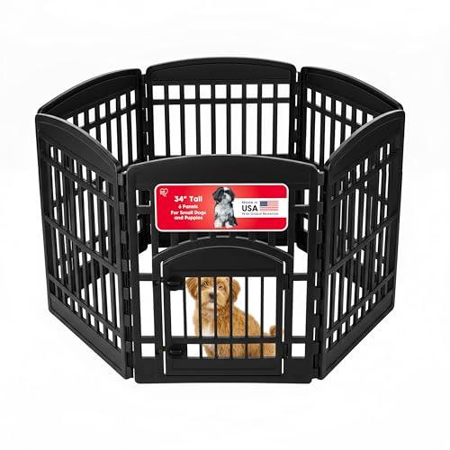 IRIS USA Dog Playpen with Door, 34” 6 Panel Pet Exercise Pen – Indoor Outdoor Puppy Play Pen, Portable Plastic Pet Fence for Small Medium Dogs, Foldable 44” x 63” x 34”, Black