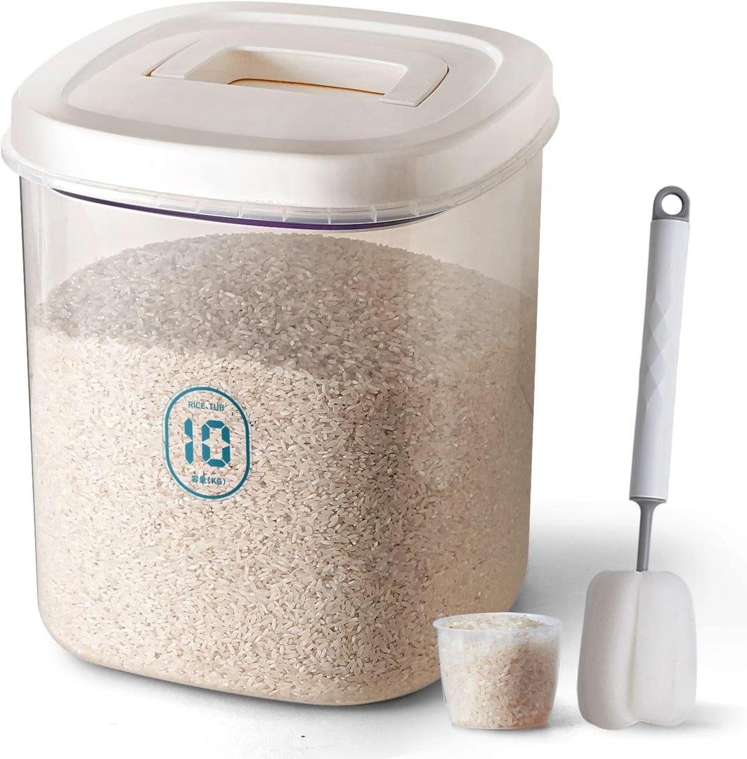 Rice Container 25 lbs,10.5 Qt/10 L/25 lbs Rice Dispenser Food Storage Bin with Measuring Cup & Brush Food Cereal Container Bins Household for Kitchen Pantry Organization(LG-10KG), 9.7 x 13.5 inches