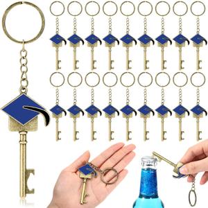 24 Pcs Graduation Party Favor for Guest 2025 Graduation Keychain Bronze Cap Bottle Opener Class of 2025 College Celebration Party Supplies (Blue)