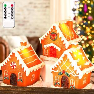 Christmas Gingerbread House Tabletop Decoration Lighted Christmas Village House Real Wax Battery Operated with Remote Flickering LED Light Christmas Village Decor for Mantel Desk Table Centerpiece
