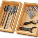 Bamboo Kitchen Drawer Organizer Boxes 9" x 6" Stackable Wood Silverware Utensil Tray for Drawers Bins, Cutlery & Flatware Storage Wooden Organizers Set of 2 for Junk Drawer, Bathroom, RV