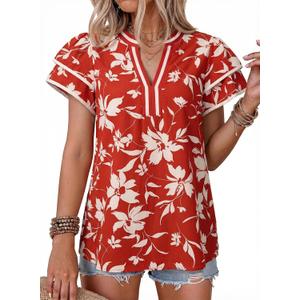 Dokotoo Womens Summer Tops 2026 Boho Floral Ruffle Short Sleeve V Neck Dressy Casual Loose Blouses Shirts (Red, L)