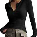 Women's Long Sleeve Tee Shirts Button Down Slim Fitted Basic Henley Tops Fall Ribbed Knit Shirts (Black, M)