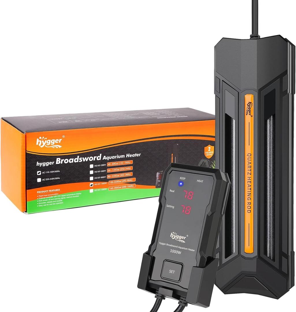 hygger 1000W Aquarium Heater with Controller, Adjustable & Submersible Fish Tank Heater with Digital Display Safety Triple Protection Beeping Alarm for Saltwater and Freshwater 130-260 Gallon