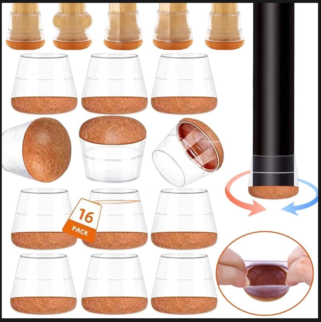 Chair Leg Protectors for Hardwood Floors, Felt Chair Furniture Pads feet Covers for Wood Hardwood Floors Protector, Clear Square Silicone Felt Pads for Smooth Moving 16Pcs (Fit 0.6 "to 0.7")
