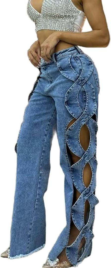 Vaceky Womens Jeans Side Hollow Out Chaps Distressed Baggy Denim Pants with Pockets (Large, Blue)