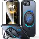 JUESHITUO 3 in 1 for iPhone 16 E Case, [Non-Yellowing] 360 Rotatable Magnetic Ring Stand with [1X Screen Protector] Slim iPhone 16 E Phone Cover 6.1'', Black Titanium