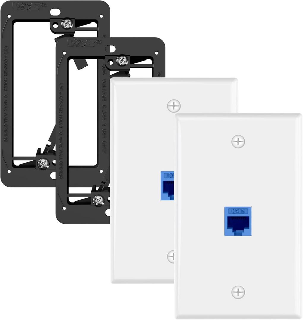VCE Ethernet Wall Plate (UL-Listed) 1-Port, Keystone Jack Wall Outlet with CAT6 Keystone Inline Coupler Insert and Low Voltage Mounting Bracket 1 Gang, Blue 2-Pack