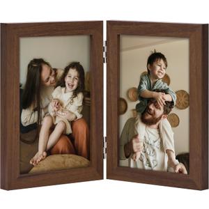 decorUhome Double 4x6 Picture Frame Vertical, Engineered Wood Bifold Photo Frame with Plexiglass for Tabletop Display, 4x6, Brown