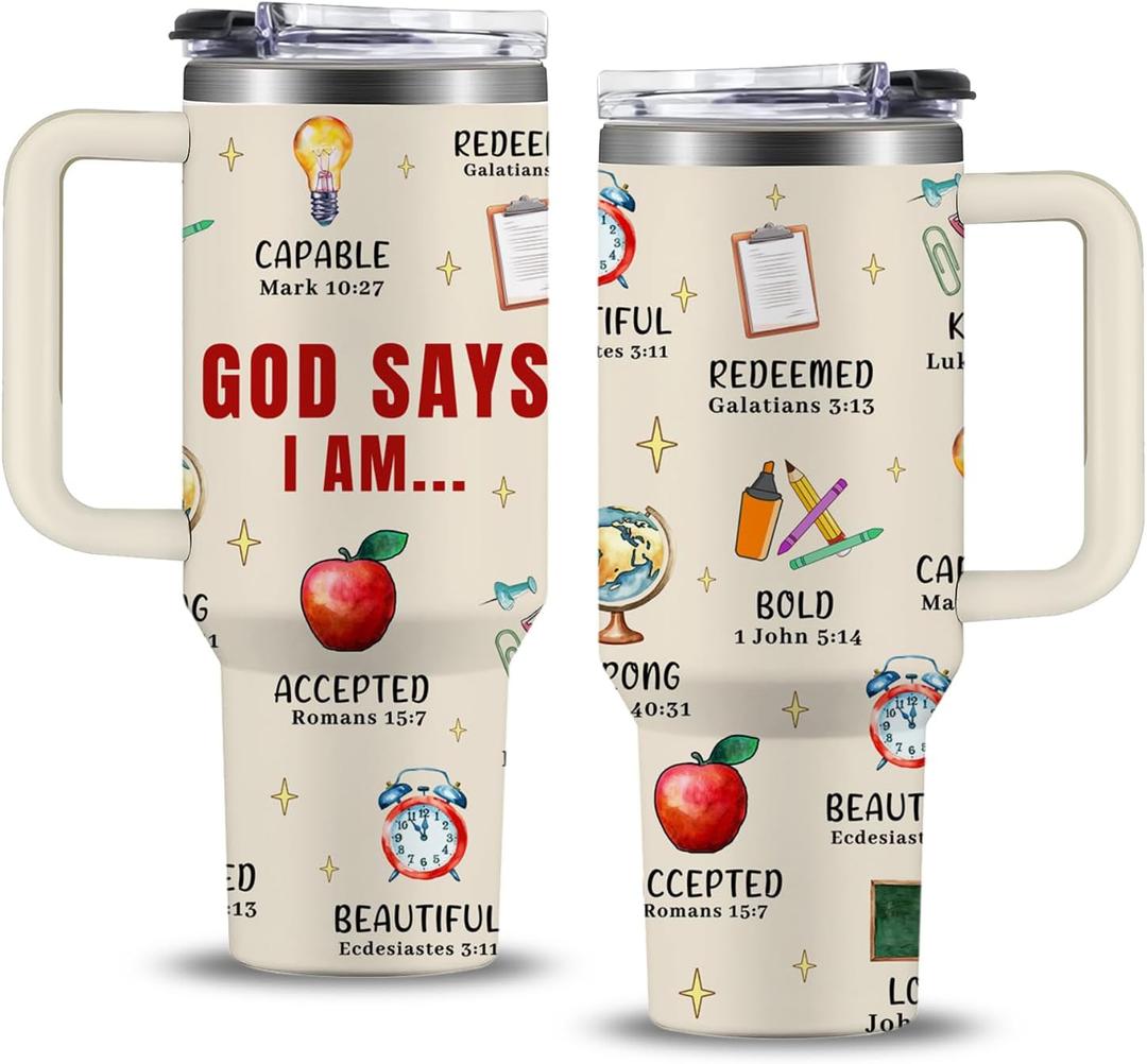 Christian Teacher Gift, 40oz God Says I Am Teacher Tumbler With Handle, Christian Gifts for Women, Inspirational Religious Birthday Gifts for Teachers Bible Verse Cup, Teachers Appreciation Gifts