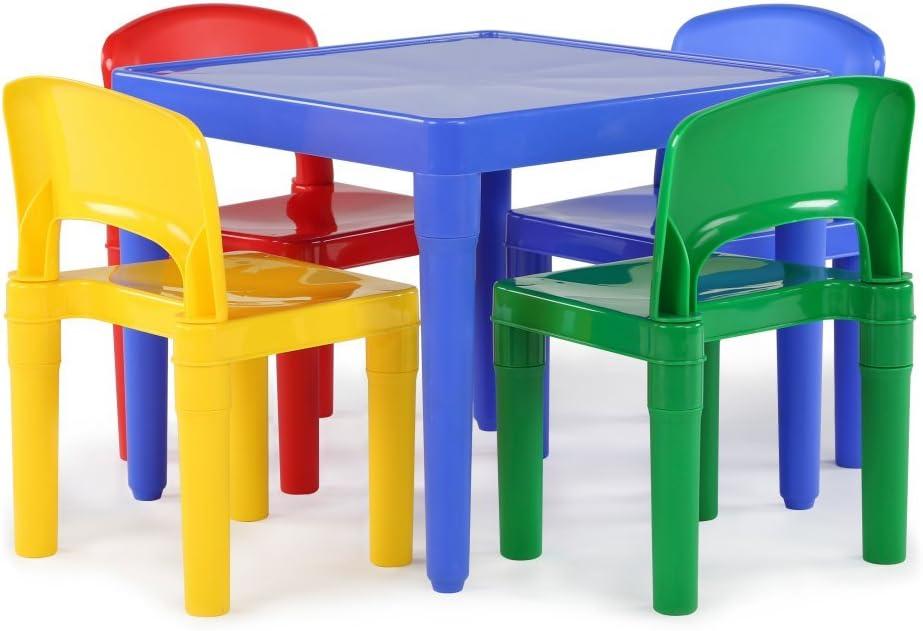 Humble Crew Kids Plastic Table and Chair Set, Toddler Activity Table with 4 Chairs, Lightweight Easy-Clean Kids Desk for Play, Snacks-Crafts, Indoor Outdoor Playroom Furniture, Blue/Primary