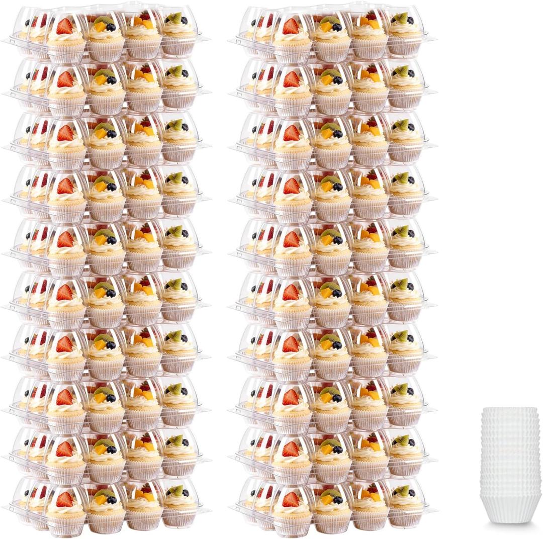 Dayacoco 12 Count Cupcake Containers, 20 Pack Stackable Cupcake Carrier with 250 Pack Cupcake Liners, Plastic Cupcake Boxes Holders, Clear Cupcake Disposable Trays for Baking, Parties, Gifting