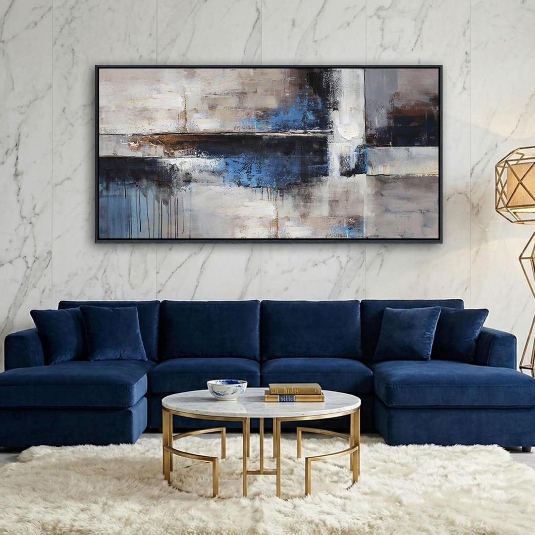 Blue Abstract Wall Art for Living Room - Navy Blue Abstract Canvas Artwork for Wall, Large Modern Framed Pictures for Office, Bedroom Blue Paintings Wall Decor 24×48IN