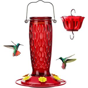 Kingsyard Hummingbird Feeders for Outdoors Hanging, 24 Ounce, Glass Hummingbird Feeder with Ant Moat & 6 Bee Guard Feeding Ports, Leak-Proof, Red