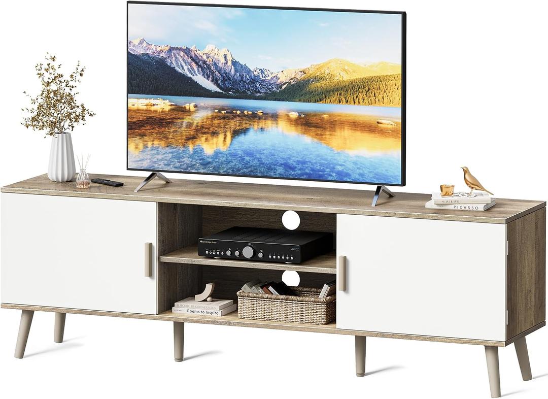 SUPERJARE TV Stand for 55 Inch TV, Entertainment Center with Adjustable Shelf, 2 Cabinets, TV Console Table, Media Console, Solid Wood Feet, Cord Holes, for Living Room, Bedroom, Gray and White