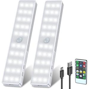 LED Closet Light, 30LEDs Dimmer USB Rechargeable Motion Sensor Light Under Cabinet Lighting with Remote Control, Wireless Stick-Anywhere Night Safe Light Bar for Wardrobe,Kitchen-2 Pcs (White)