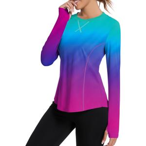 Avoogue Women UPF 50+ UV Shirts Long Sleeve with Thumb Holes Workout Sun Shirt Quick Dry Athletic Hiking Running Tops (Medium, Gradient Rainbow)