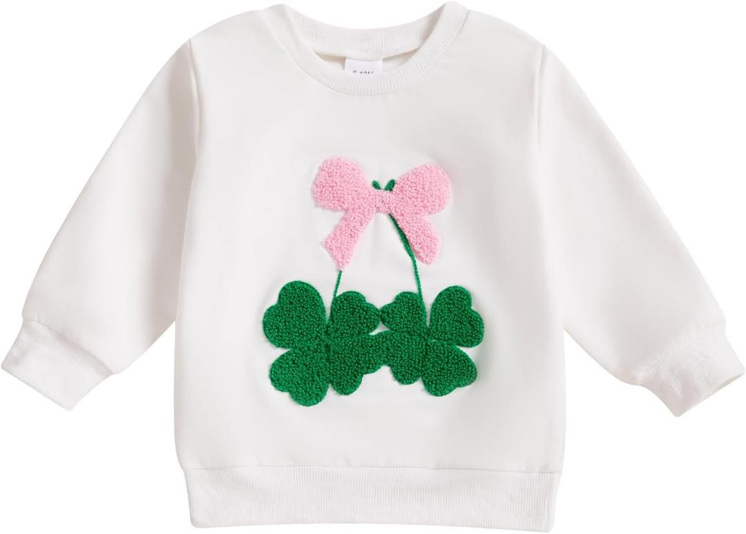 Baby Girl St Patricks Day Clothes Bow Clover Embroidery Sweatshirt Pullover Oversize Sweater Toddler Girl Irish Tops (18-24 Months, White)